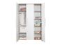 Armoire blanche et en bois avec portes ouvertes, remplie de vêtements et accessoires pour bébé.