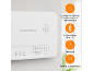 Détecteur de fumée blanc avec indicateurs LED et texte sur les fonctionnalités : batterie faible, batterie remplaçable, bouton de test, installation facile.