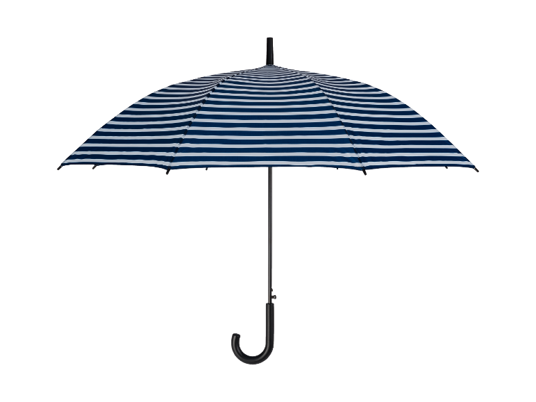 Parasol rayé bleu marine et blanc.
