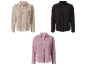 Trois chemises en coton biologique beige, noir et rose.