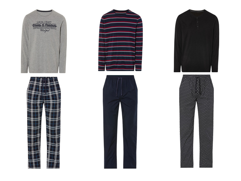 Trois ensembles de pyjamas pour hommes avec différentes couleurs et motifs.