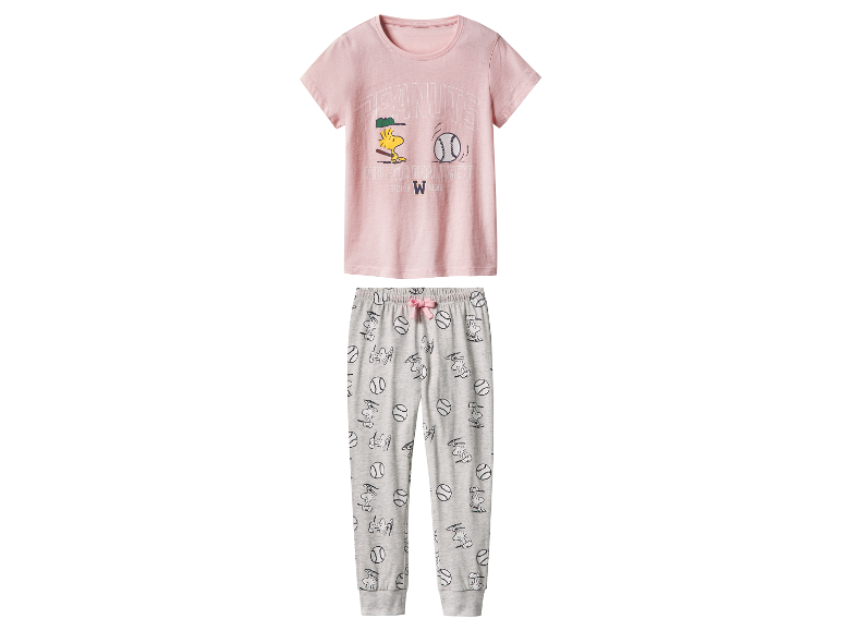 Pyjama Peanuts pour fille, avec t-shirt rose et pantalon gris.