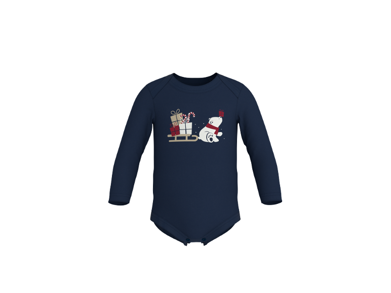 Body bébé bleu marine à manches longues avec ours polaire et traîneau de cadeaux.
