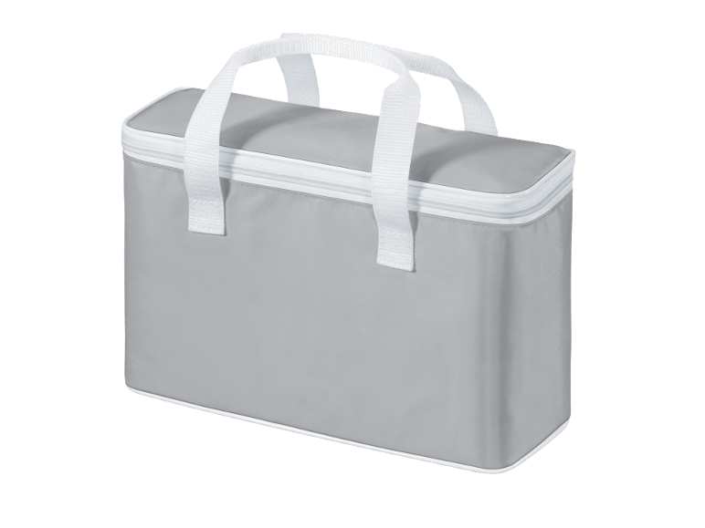 Sac isotherme gris avec poignées de transport blanches.