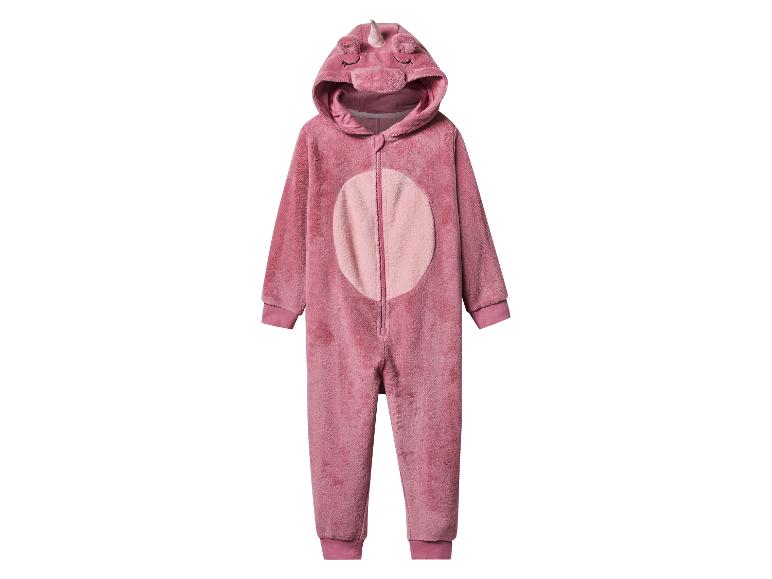 Pyjama une pièce rose avec capuche licorne et oreilles.