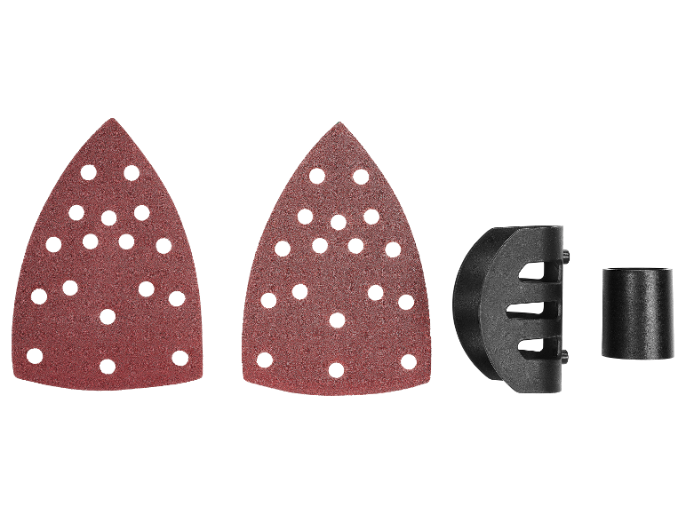 Deux feuilles de papier abrasif triangulaires et deux pièces en plastique pour outil de ponçage.