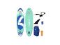 Planche de SUP bleue et menthe avec accessoires, incluant aileron, laisse, sac et conteneur.