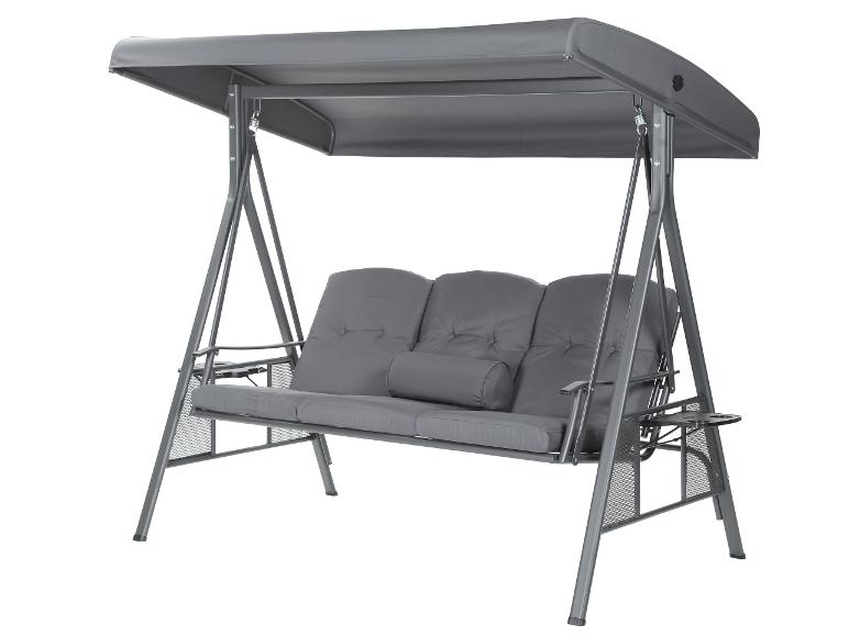 Balançoire de jardin grise trois places avec auvent et tables d'appoint