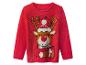 Pull de Noël rouge avec un renne joyeux, un nez rouge et un bonnet de Père Noël.