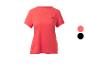 T-shirt de sport corail pour femme avec un petit logo noir sur la poitrine.