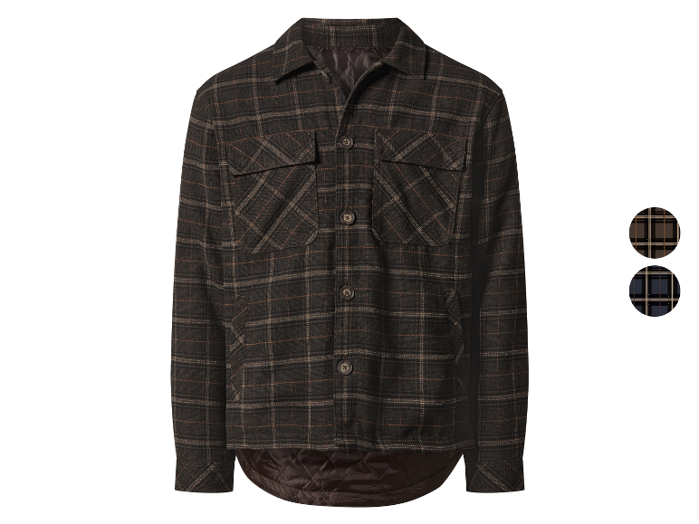 Veste en flanelle à carreaux marrons avec doublure matelassée.