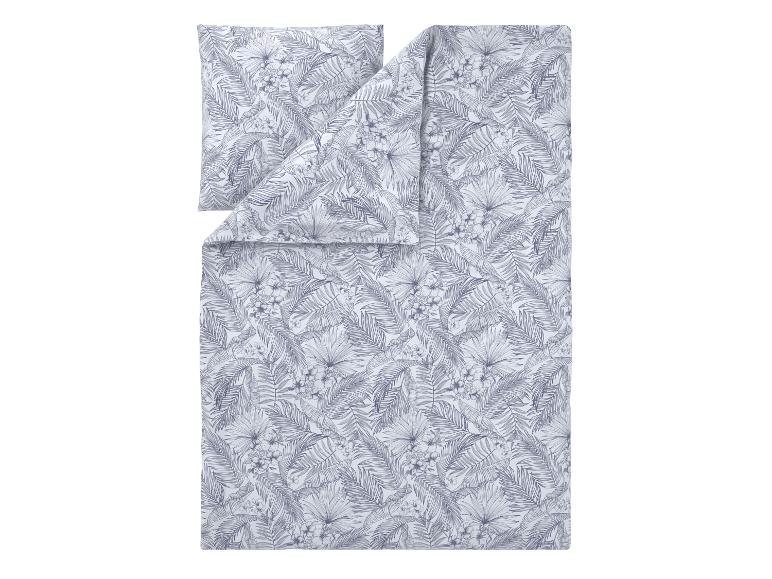 Parure de lit avec motif de feuilles de palmier et fleurs en tons gris.