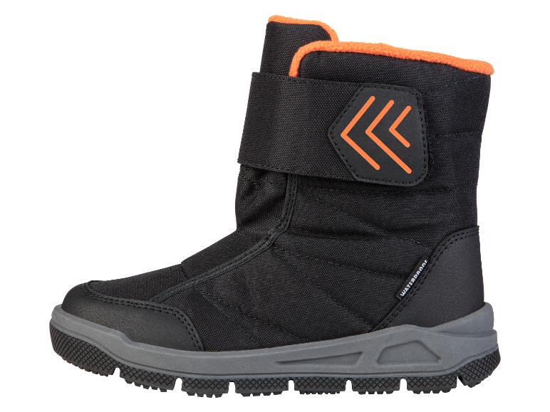 Bottes d'hiver imperméables noires avec des accents orange.