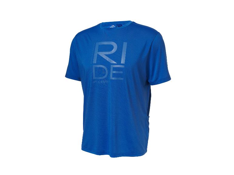 T-shirt de sport bleu à manches courtes avec le texte 'RIDE' sur le devant