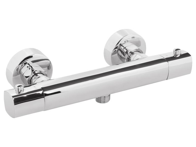 Robinet thermostatique de douche chromé avec poignées rondes.