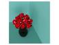 Bouquet de roses rouges dans un vase sur fond turquoise.