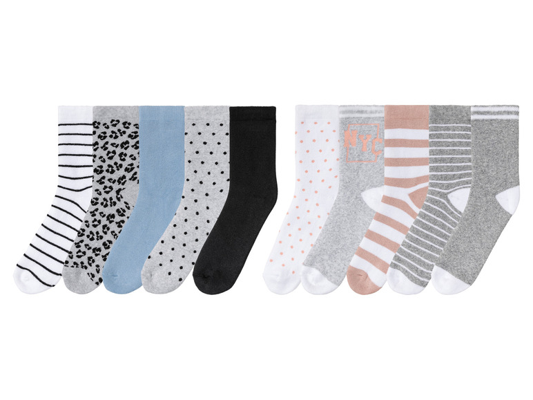 Un ensemble de chaussettes avec différents motifs, y compris des rayures, des pois, un imprimé léopard et 'NYC'.
