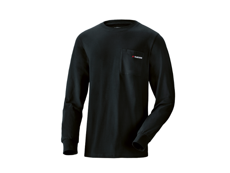 T-shirt noir à manches longues pour homme avec poche poitrine.