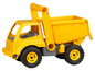 Un camion à benne basculante jaune en plastique pour enfants.