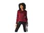Femme en veste marron et leggings noirs, tenant des bâtons de randonnée.