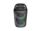 Enceinte de fête portable noire avec éclairage LED coloré et affichage digital.
