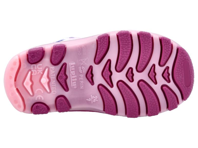 Semelle de sandale Lupilu rose et violette, affichant les tailles et les informations de brevet.