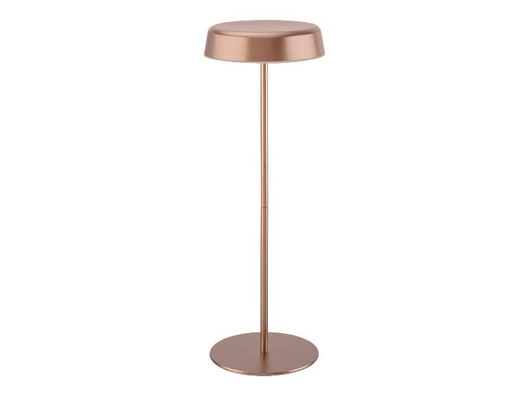 Lampadaire couleur or rose avec base et abat-jour ronds.