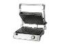 Grill électrique ouvert avec plaques de cuisson nervurées et commandes sur le devant