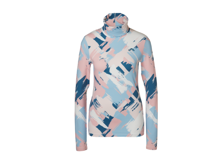 Haut à col roulé à manches longues avec un motif abstrait de coups de pinceau rose, bleu et blanc.