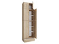 Une armoire en bois avec des portes et un tiroir, ouverte avec des étagères visibles.