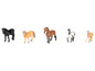 Des chevaux de jouets noirs, bruns, orange et tachetés.