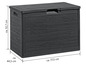 Un coffre de rangement noir imitation bois, adapté pour l'extérieur.