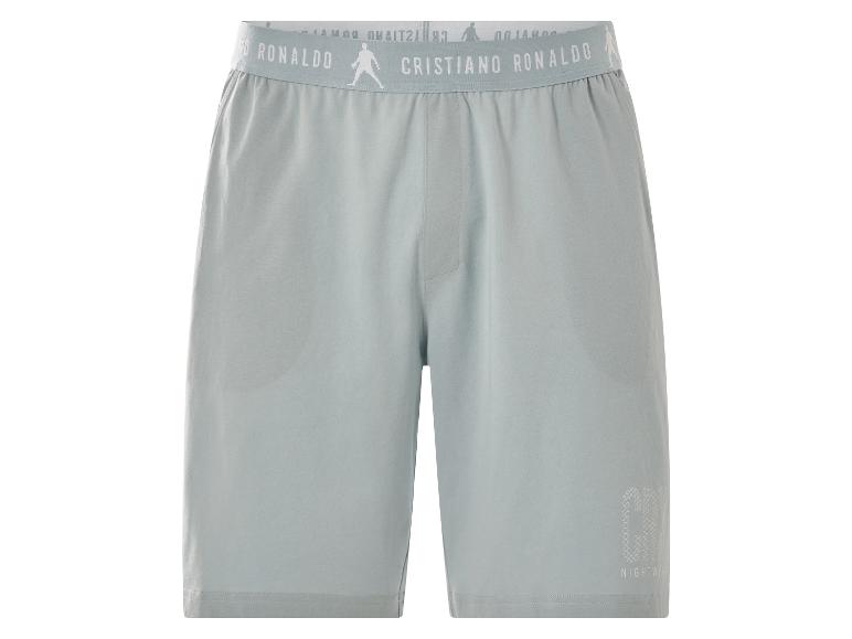 Short de nuit gris clair avec ceinture élastique affichant 'CRISTIANO RONALDO' et un logo de joueur.