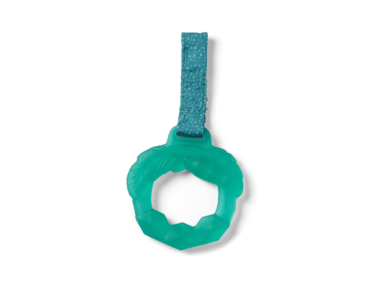 Anneau de dentition en silicone vert, attache-sucette pour bébé.