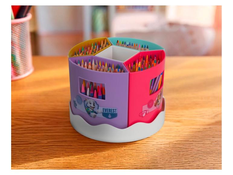 Boîte à crayons rotative Paw Patrol avec crayons de couleur.