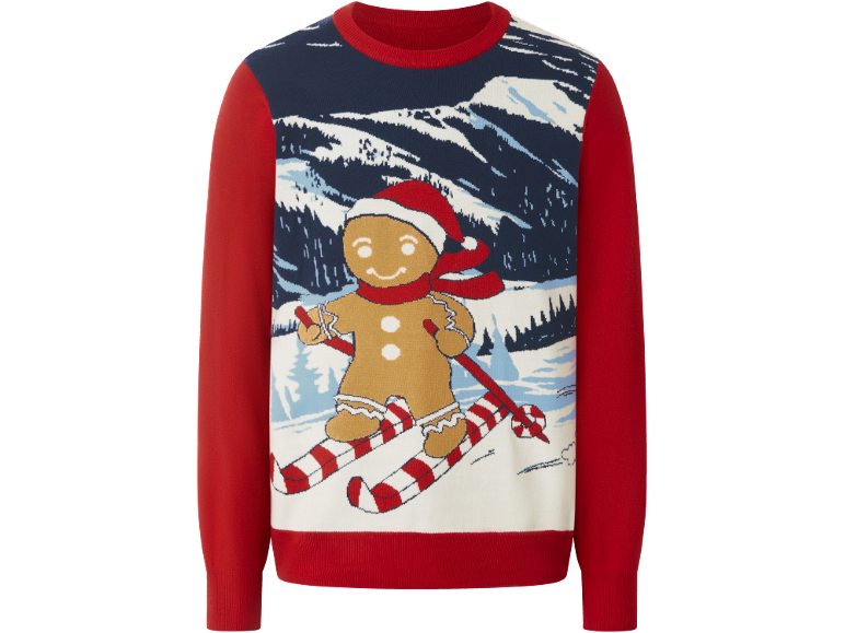 Pull de Noël festif rouge et bleu avec un bonhomme de pain d'épices faisant du ski.