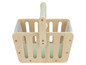 Un panier d'épicerie en bois pour enfants avec une poignée verte.