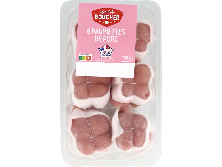 Paquet de 6 paupiettes de porc, 750g, Nutri-Score B, origine française.