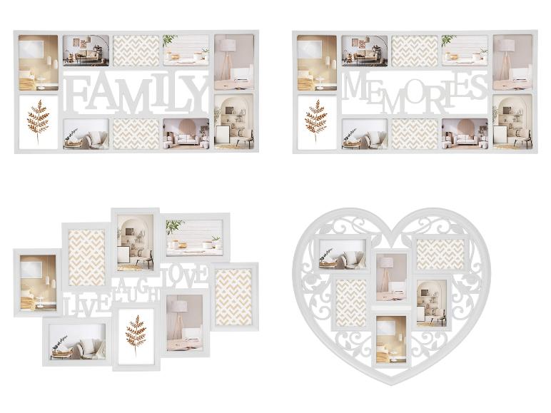 Quatre cadres photo blancs avec les mots 'FAMILY', 'MEMORIES', 'LIVE LAUGH LOVE' et un en forme de cœur.