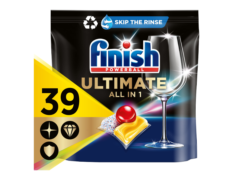 Paquet de 39 tablettes lave-vaisselle tout-en-un avec fonction sans rinçage, avec un verre brillant.