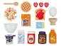 Ensemble de jeu pour le petit-déjeuner avec céréales, gaufre, toast, œuf, yaourt, lait, confiture, pâte à tartiner au chocolat et jus d'orange.