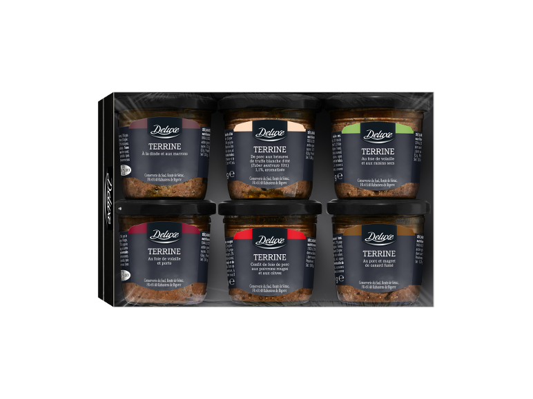Coffret de six terrines aux saveurs variées, dont dinde et marrons.