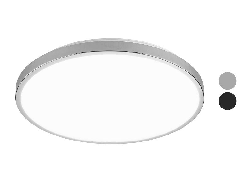 Plafonnier LED rond avec un cadre en métal argenté et deux cercles de couleur gris et noir.