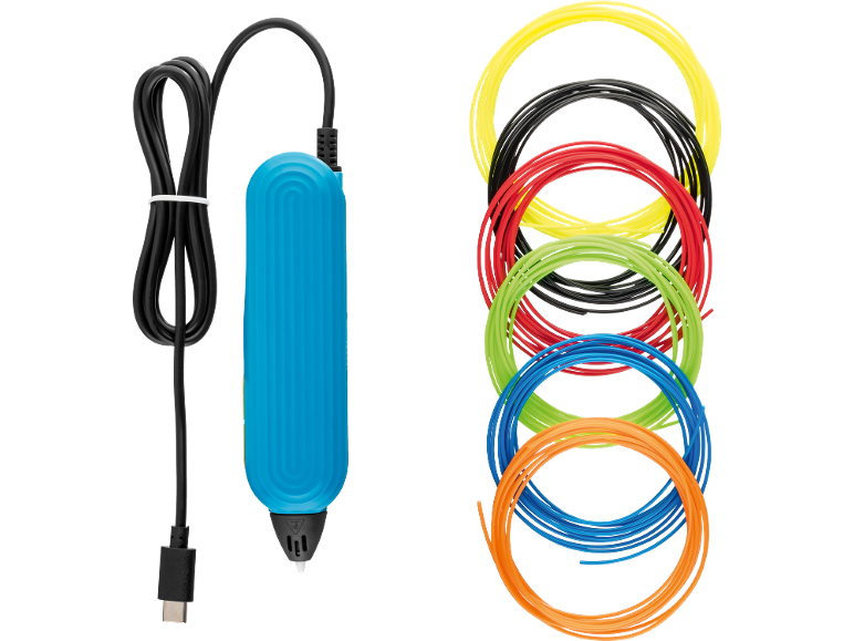 Stylo d'impression 3D bleu avec câble USB et bobines de filament colorées