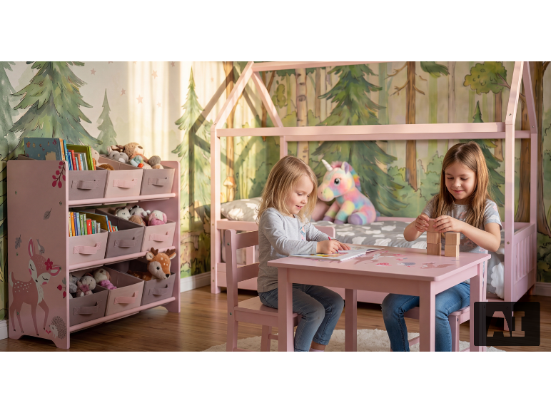 Deux filles jouent dans une chambre d'enfant rose avec un lit cabane et une étagère à jouets.