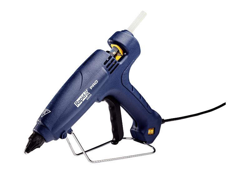 Pistolet à colle Rapid PRO EG320 bleu foncé avec bâton de colle, sur fond blanc.
