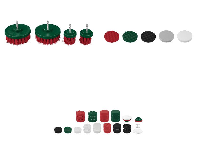 Ensemble de brosses et éponges de nettoyage et polissage, de tailles et couleurs variées.