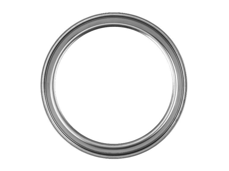 Un cadre photo rond de couleur argentée sur fond blanc.