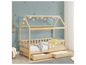 Un lit enfant en bois en forme de maison avec des tiroirs de rangement
