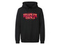 Un sweat à capuche noir avec le logo 'Stranger Things' en flammes.
